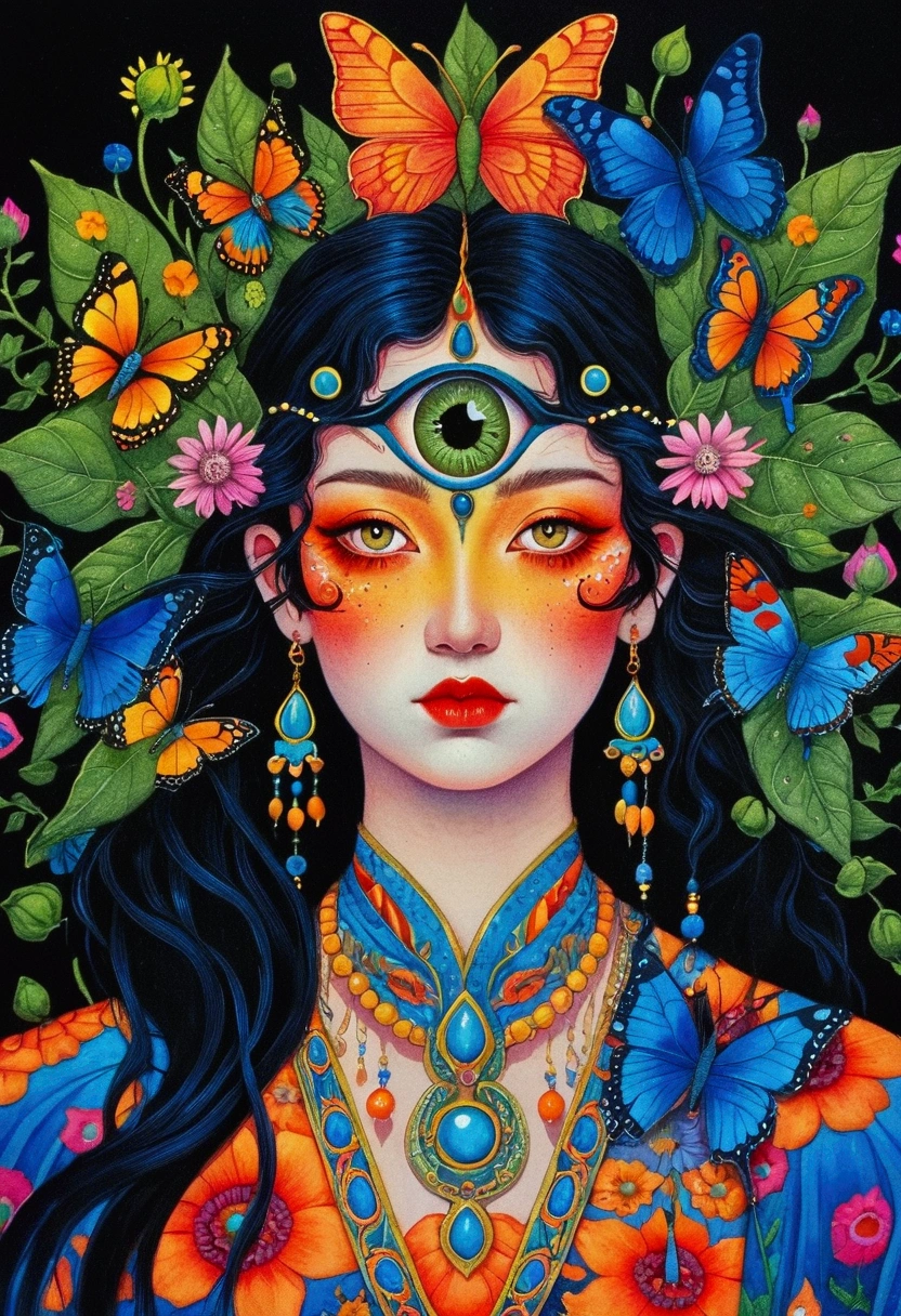 A woman wearing flowers，Paintings with butterflies flying around, highly detailed Fantasy Art, The Third Eye睛, Fantasy Art style, Fantasy Art, Psychedelic Goddess, Psychedelic illustration, The Third Eye的视觉, art deco flower shaman, The Third Eye, Psychedelic Organic, hyper - detailed Fantasy Art, Fantasy painting, hyper detailed Fantasy Art, Complex artwork. Neon eyes