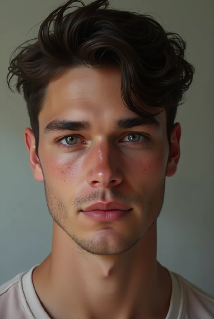 Human. Male, white skin, black hair, medium thin, black eyes. seventeen years. Boyfriend material. Very real face