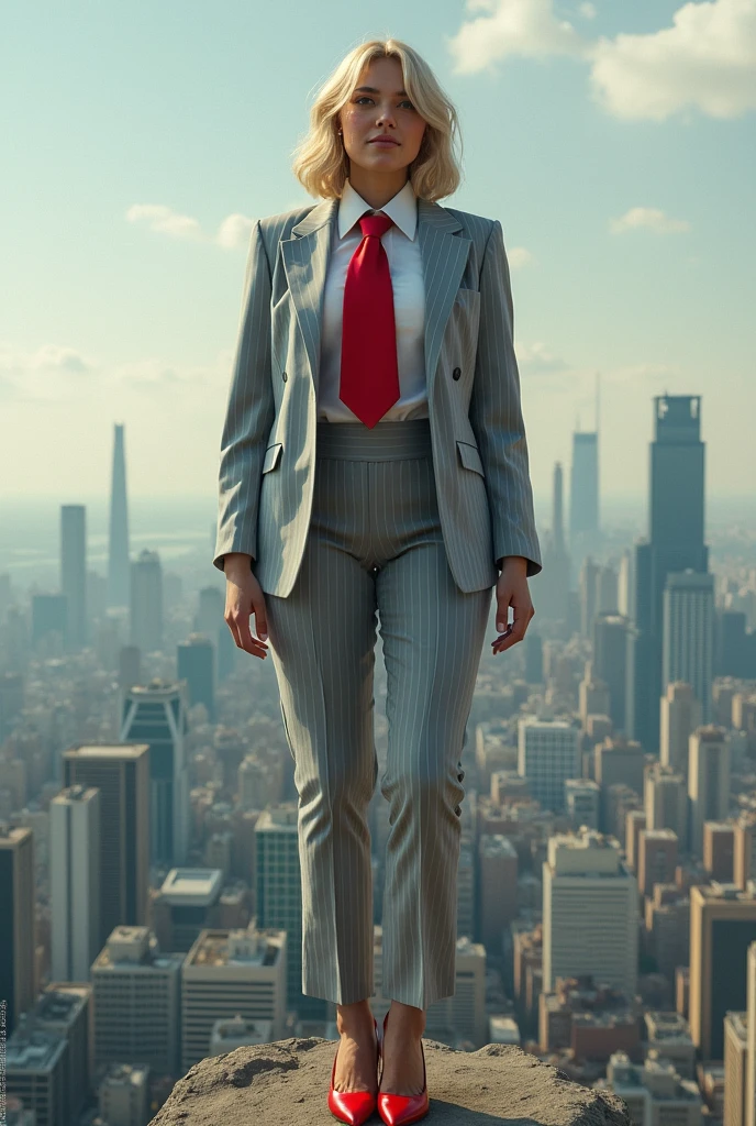 , (Aerial view of massive city)(standing on top of a city) in the middle of a city, young adult, curvy, a pair of huge breasts, slim, light grey pinstriped suit，white tailored shirt, (large red tie tied in Windsor knot) Has blonde waist-length hair，Wearing a pair of red platform heels，distance shot, A look of enjoyment, Beautiful appearance, smile, (view from space) giga giantess
