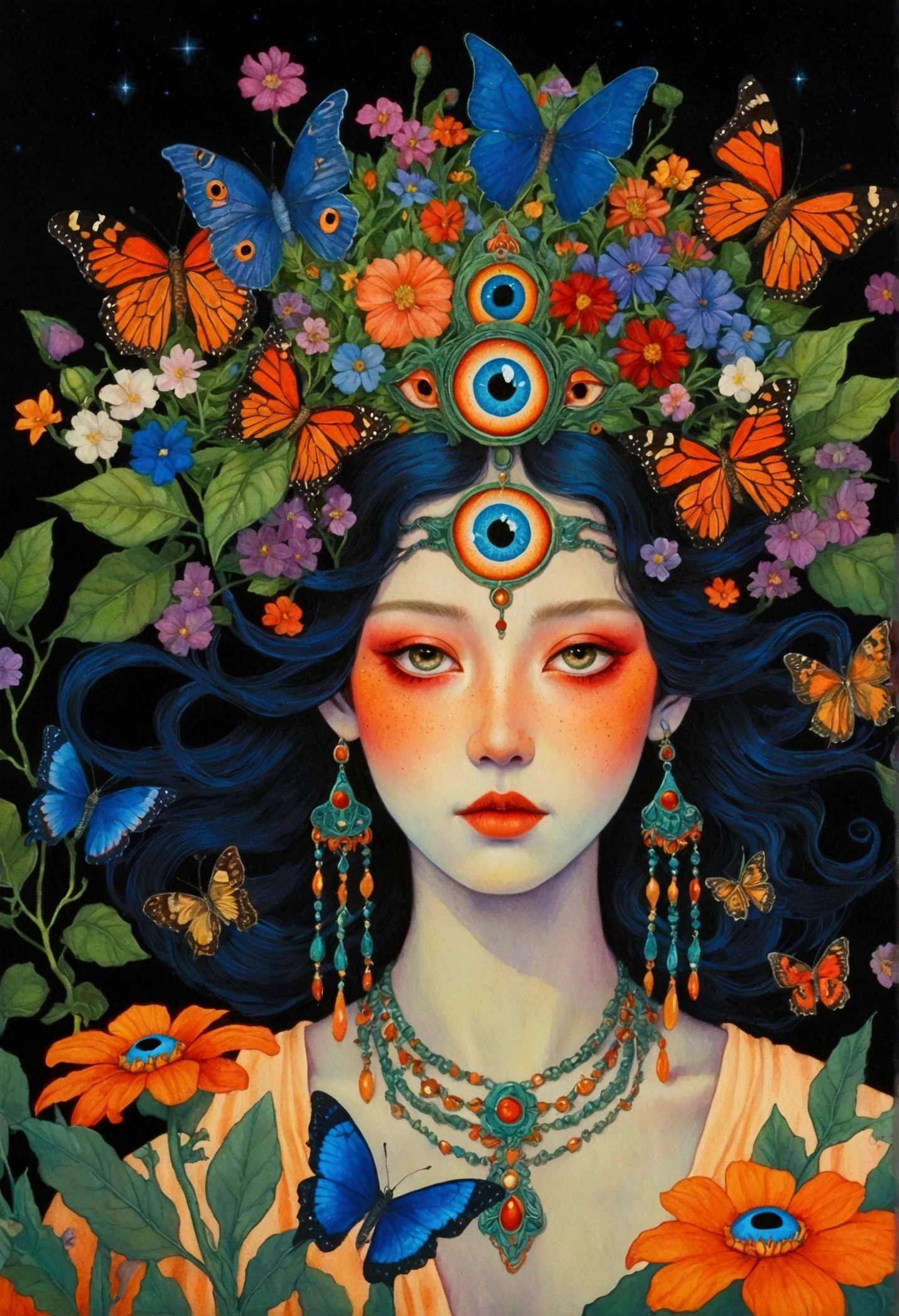 A woman wearing flowers,Paintings with butterflies flying around, Inspired by James Christensen's Ultra-Fine, Winner of the Behance competition, Psychedelic Art, highly detailed Fantasy Art, The Third Eye睛, Fantasy Art style, Fantasy Art, Psychedelic Goddess, Psychedelic illustration, The Third Eye的视觉, art deco flower shaman, The Third Eye, Psychedelic Organic