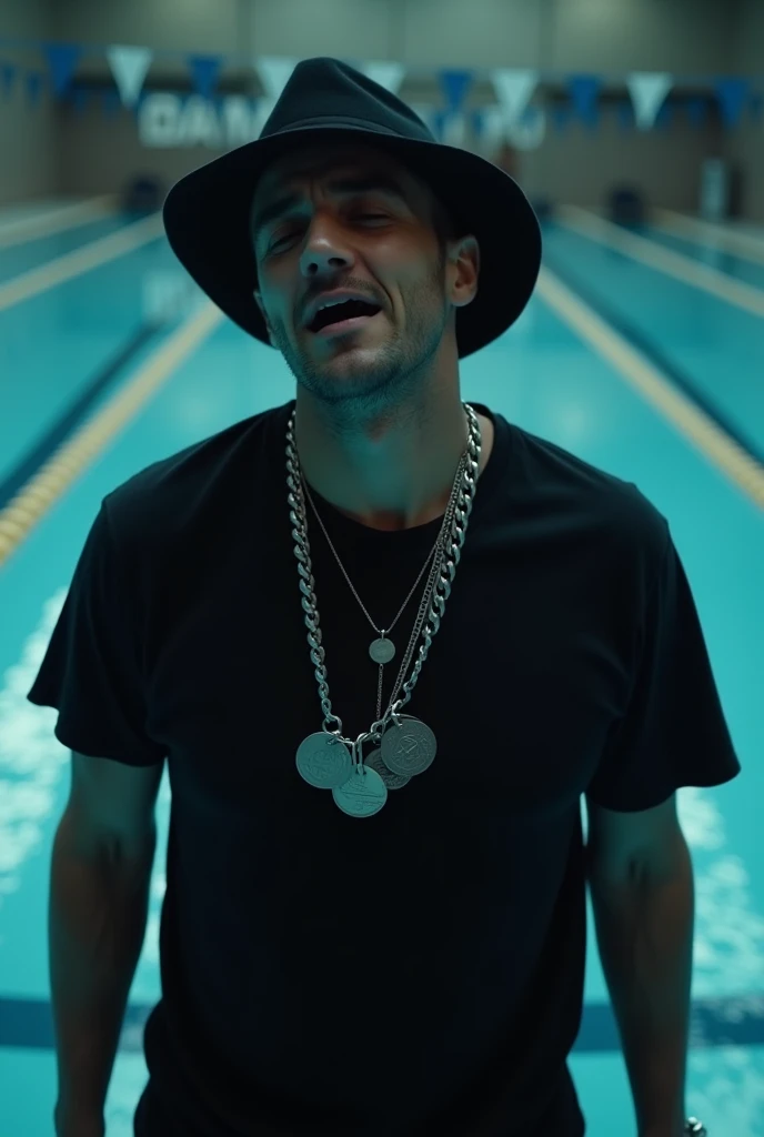 A YouTube thumbnail with a 16:9 aspect ratio with a cinematic atmosphere of a man with glasses, crying for help, wearing a black hat and shirt. He has a necklace with twenty Olympic medals. He is standing in front of an indoor pool. The background includes the pool with clear water, reflecting the gloomy atmosphere. The overall image has dark, soft lighting, highlighting the man's facial features. The “Joel Jota” text is subtly integrated into the scene, ensuring that it does not divert visual focus from the man and the pool.