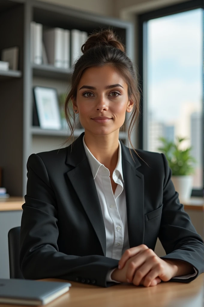 For generating a real photo, of a Brazilian brunette, in a work environment