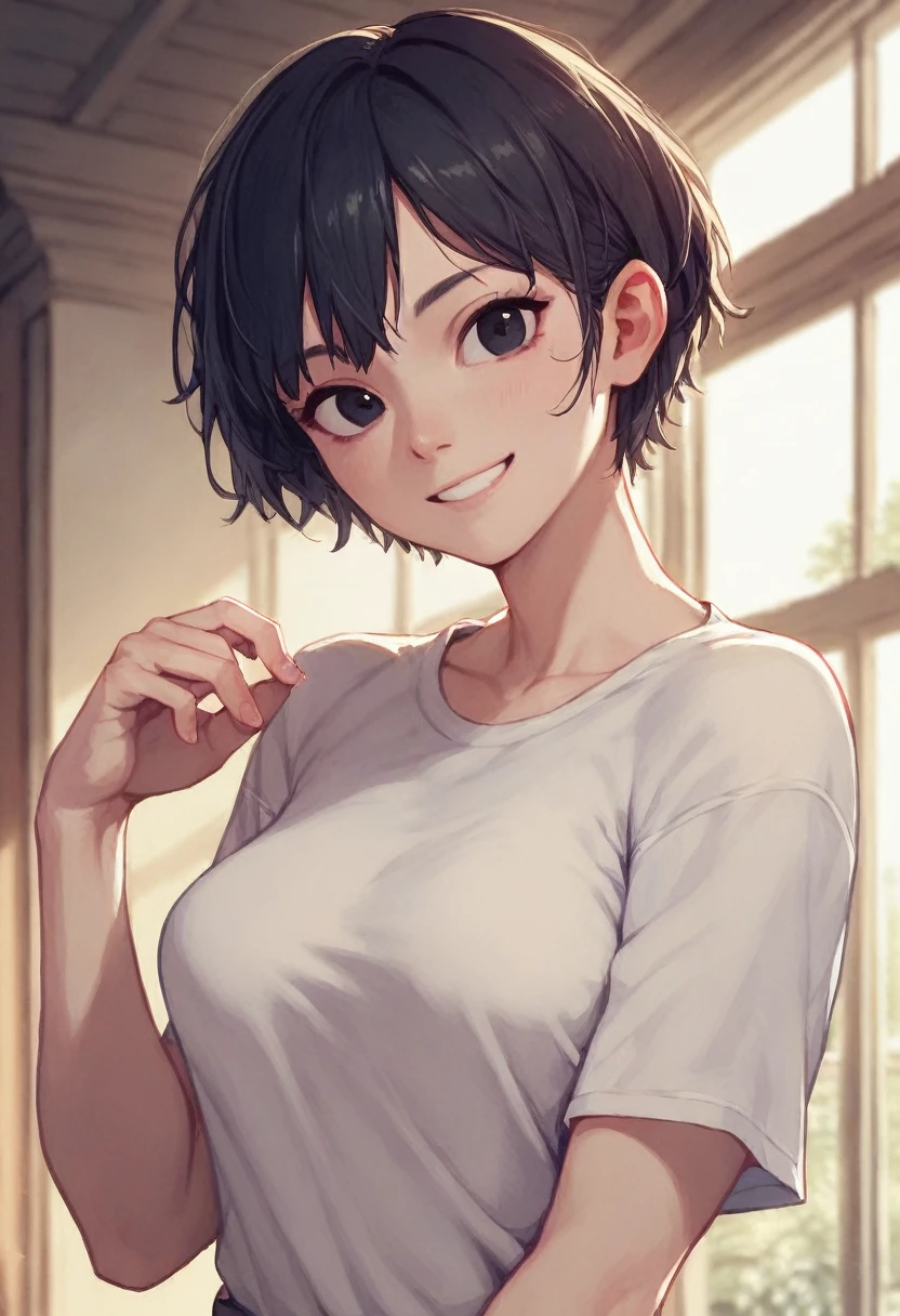 Ramona_Flowers,short hair,black eyes,1girl, solo, medium breasts,looking at viewer,smile, BREAK goggles on head,  hoodie,grey jacket,long sleeves,
shoulder bag,star (symbol),
belt,
denim skirt,
purple pantyhose,
(galaxy background:1.3),from above, 
