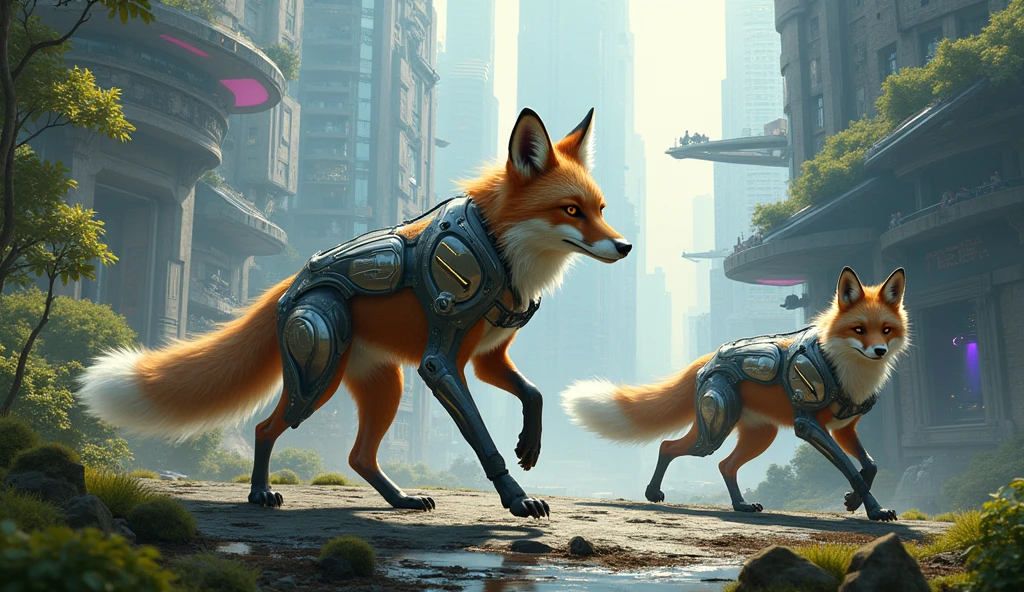 DOMINANT FOXES IN A FUTURISTIC URBAN PLACE, WITH WOLVES HIDDEN IN THE ENVIRONMENT