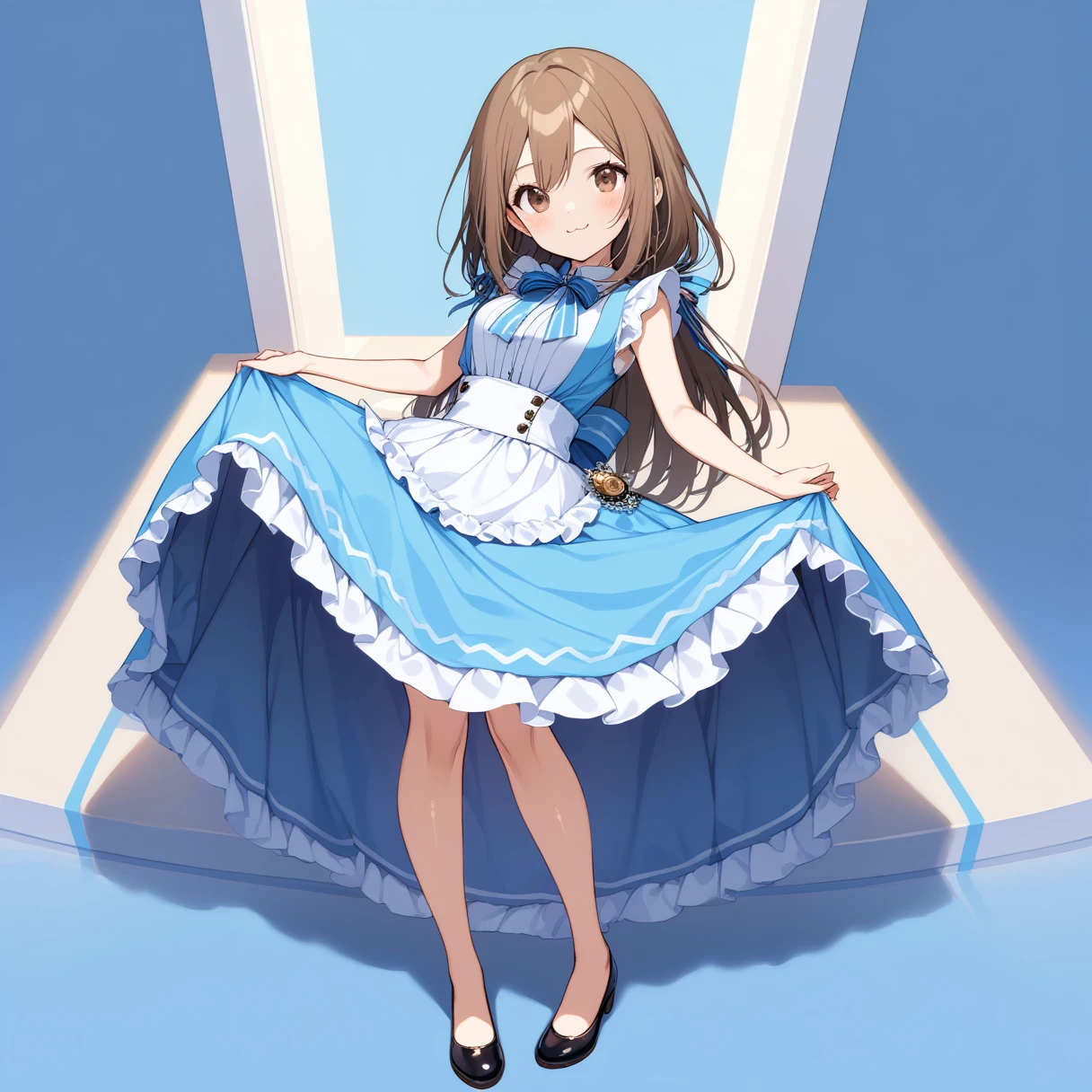 (masterpiece), (Highest quality), High resolution, (Very detailed), (Best illustrations), (Best Shadow), (so beautiful), (very cute), (Absurd), 
(Blue background), (Blue Room), (Blue carpet)
(Highly detailed face), Perfect limbs, Intricately detailed face, （High Contrast：3）, 
(Head to toe full body view), Take center, Shadow Weakening, 

（Minase Iori）, （iori minase）, 1 girl, round-shaped face, 
Black Hair, (Brown glossy hair:1.5), Brown eyes, amount, 

ribbonが付きのヘアーバンド, ribbonが付きヘアークリップ, 
Beautiful breasts, Round Breasts, Shyness, smile, Pitiful, 
 
Perfect limbs, Perfect Anatomy, Five perfect fingers, One person, so beautiful少女, very cute少女, Big eyes, slender, Tight waist, 

Delicate and smooth skin, 細部までこだわったBeautiful Skin, sexy, Charm, Her behavior is very quiet., 
Beautiful Skin, Wet, sexy, Charm, full body of a young girl, 
(One person、solo:1.3), Full Shot, panoramic,  

Erotic, 
Backless maid outfit, Short skirt, ribbon, 
Blue striped underwear, White frilly underwear, 小さいribbonが付いてる下着, 
(Skirt Lift:1.1),(Grab your skirt:1.1), 