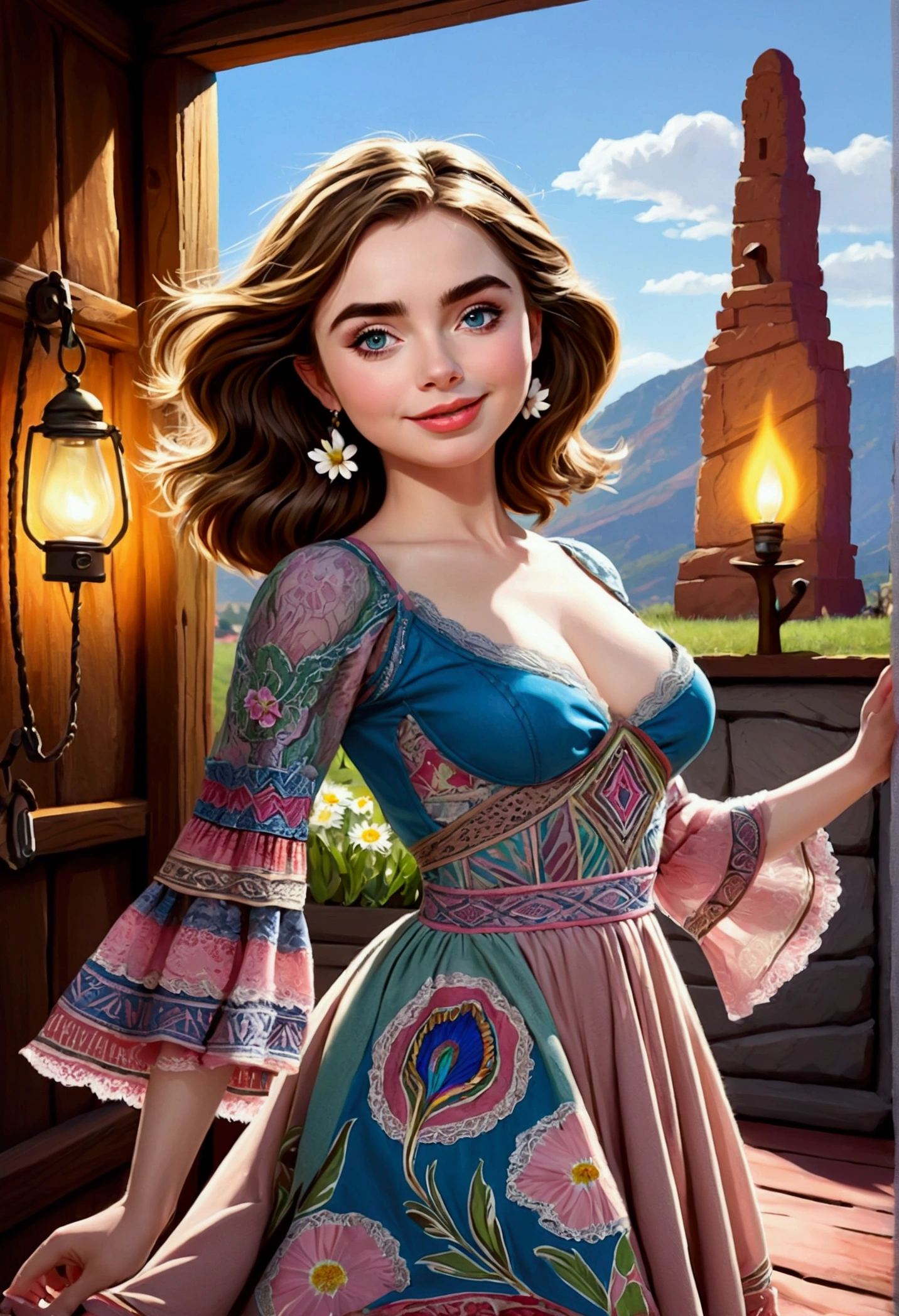 Lily Collins. svelte, lean curvaceous-figure. cute long sleeved. lace boho dress. dd-cup sized breasts. short and dainty. happy, smiling cheerful face. Frolicking in a magical meadow of daisies. 1950s panavision 70. Detailed clear. lifelike.
