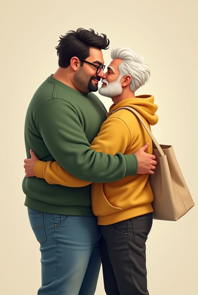  chubby tanned guy with short wavy black hair with a mustache and round brown prescription glasses, green sweatshirt and jeans, hugging white guy with short wavy white hair, short beard,greeneyes, with yellow sweatshirt and black pants,with a beige ecobag, Gay couple 
