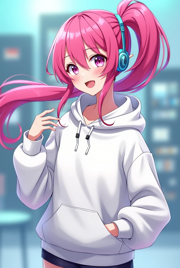 Long Hair, High resolution, Pink Hair, chest, smile, Hood worn, Interface Headset, Diagonal bangs, Side Ponytail, Anime Style, Oversized,White hoodie,Shorts