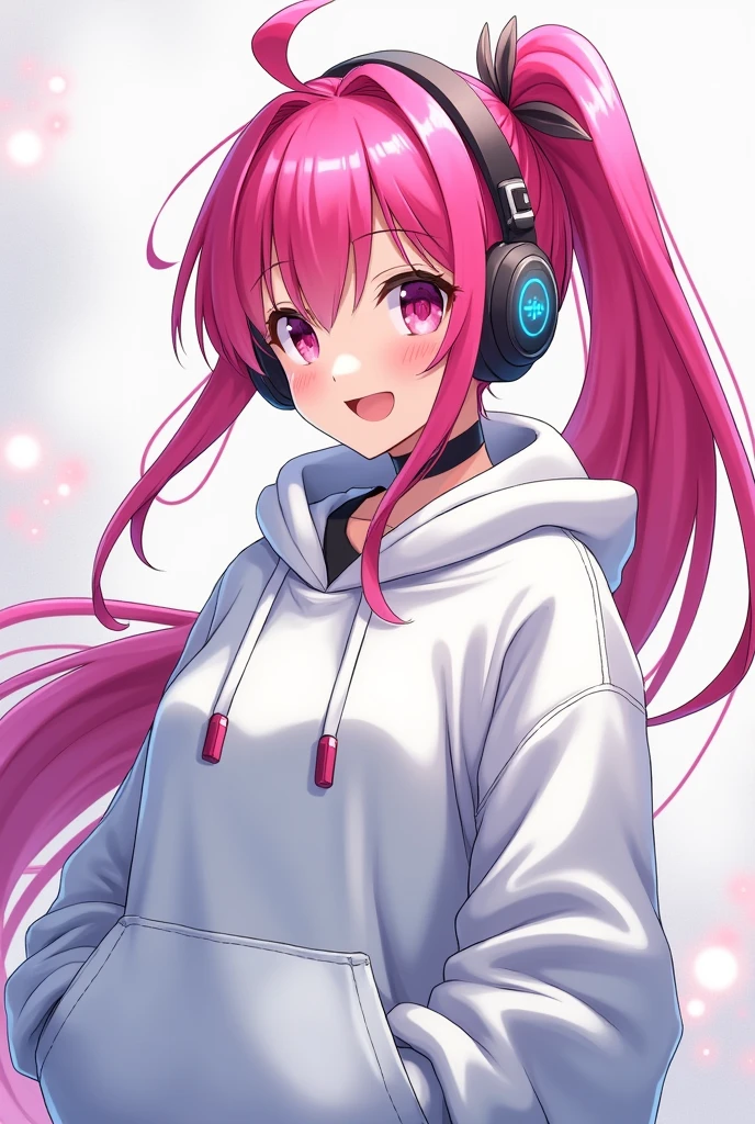 Long Hair, High resolution, Pink Hair, chest, smile, Hood worn, Interface Headset, Diagonal bangs, Side Ponytail, Anime Style, Oversized,White hoodie,Shorts
