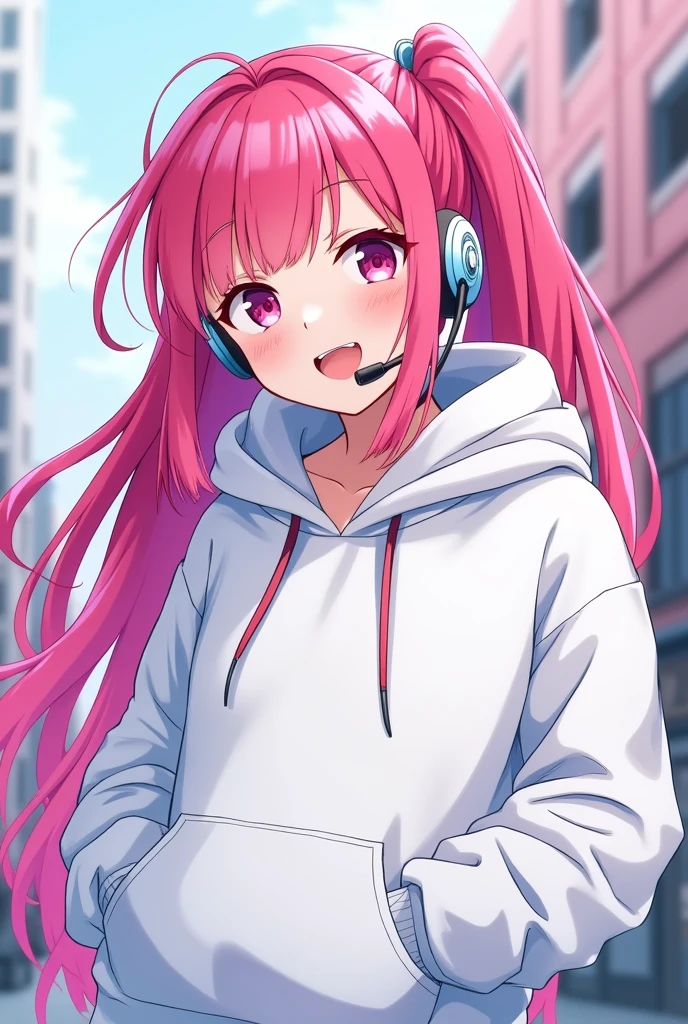 Long Hair, High resolution, Pink Hair, chest, smile, Hood worn, Interface Headset, Diagonal bangs, Side Ponytail, Anime Style, Oversized,White hoodie,Shorts
