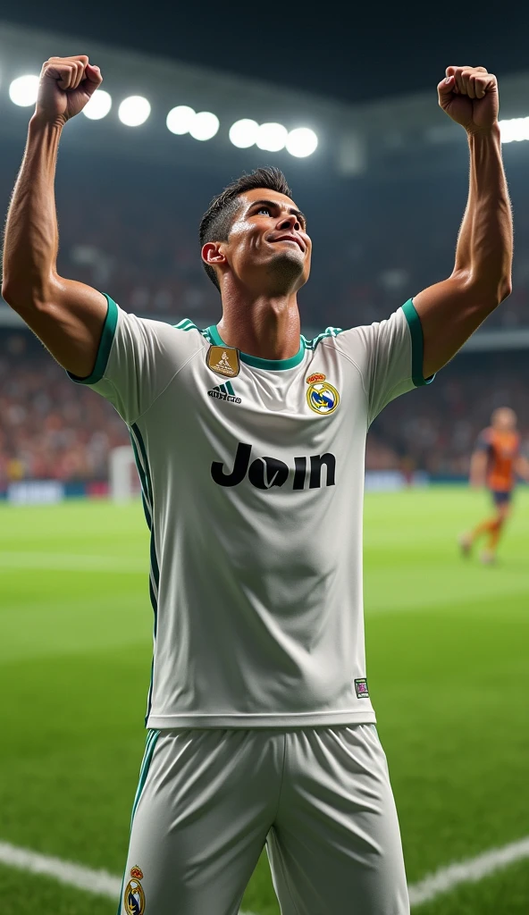 Photorealistic, 64K, A realistic christiano ronaldo [wearing soccer jersey ], standing up celebrating his goal
