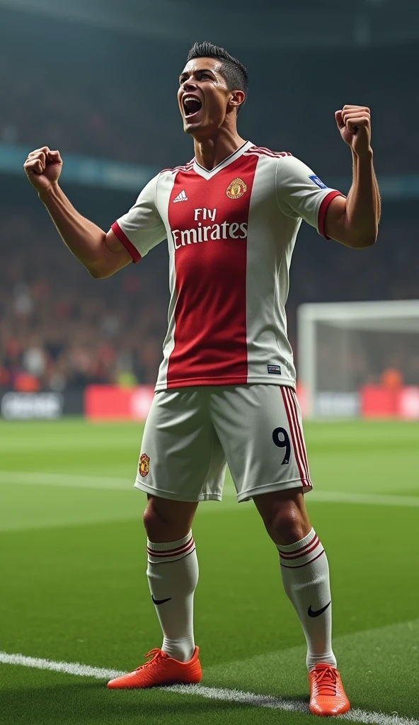 Photorealistic, 64K, A realistic christiano ronaldo [wearing soccer jersey ], standing up celebrating his goal