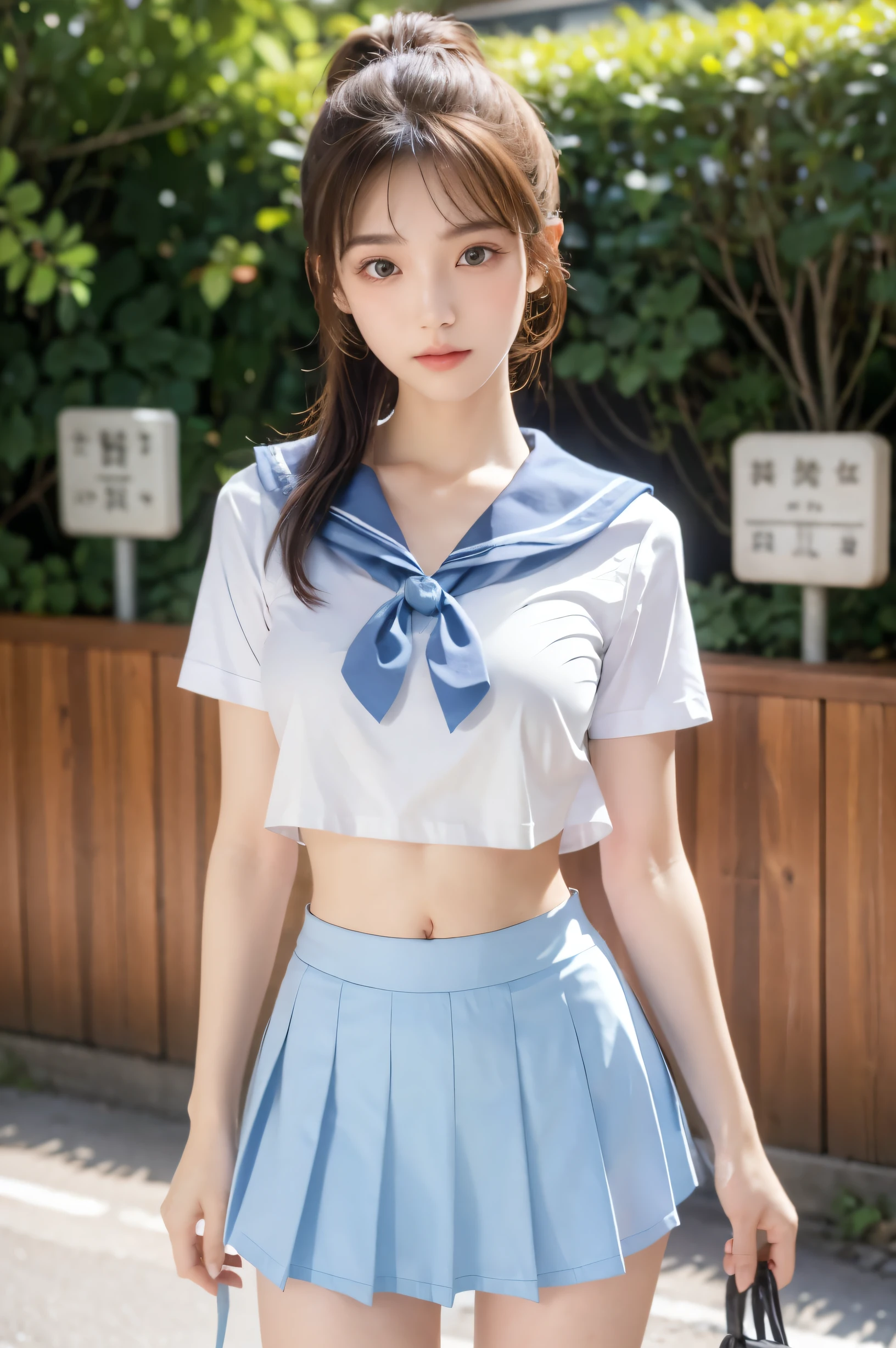 (Ultra HD), (Looking at me), (The whole body is shown), (Light blue short sleeve sailor uniform, Light blue low rise mini skirt), Big Breasts, slender, Narrow waist, (The belly button is visible:0.6), (Thin legs:1.2), (Thin thighs:1.2), (Thin Hips:1.4), (Beautiful Skin, Shiny skin, White skin), (Super slim face, Super beautiful face, No makeup, Smile:0.6), (light brown, ponytail, Layered Cut, Fluffy hair), (double eyelid, Slanted Eyes), Small Nose, Thin lips, Are standing, In front of the school gate