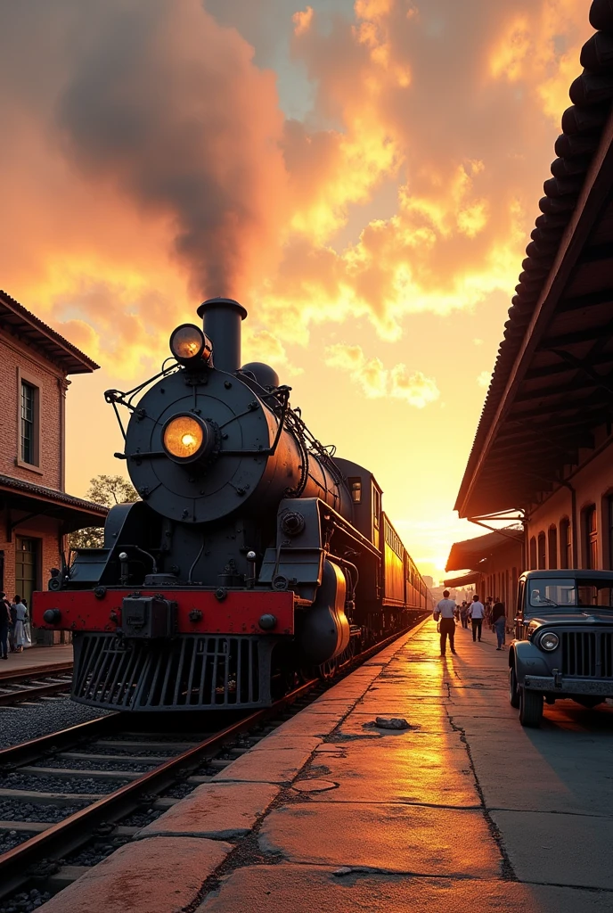 A vintage steam locomotive, probably from the early 20th century, stands on the platform of an old train station in Sobral, Ceará, Brazil. The station is bathed in the warm glow of late afternoon sunlight, casting long shadows across the platform. Many people are gathered on the platform, perhaps waiting for the train to depart. An old Jeep is parked nearby, adding to the nostalgic atmosphere. The sky is painted in shades of orange and pink, creating a beautiful backdrop for the scene.