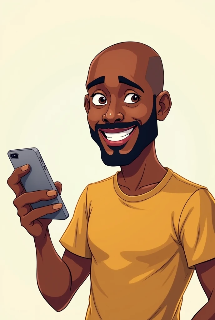 Animated style of a 40 year old African American person with bald hair, Without beard, holding a cell phone in his hand and arm stretched out to the side