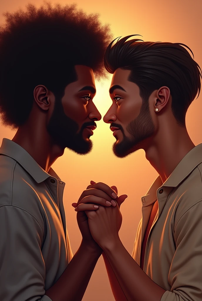 Two men holding hands looking at each other face to face, cheesy, dark-skinned, one with afro hair and the other straight, both are dark-skinned, give the second one more hair 
