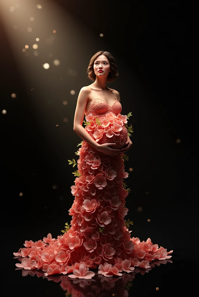 a pregnant woman in a floral dress standing in front of a light, a digital rendering inspired by Anne Geddes, featured on zbrush central, hyperrealism, lady with glowing flowers dress, clothes made out of flower, dressed in a flower dress, covered with flowers, flower dress, floral couture, made of flowers, wrapped in flowers, covered in flowers