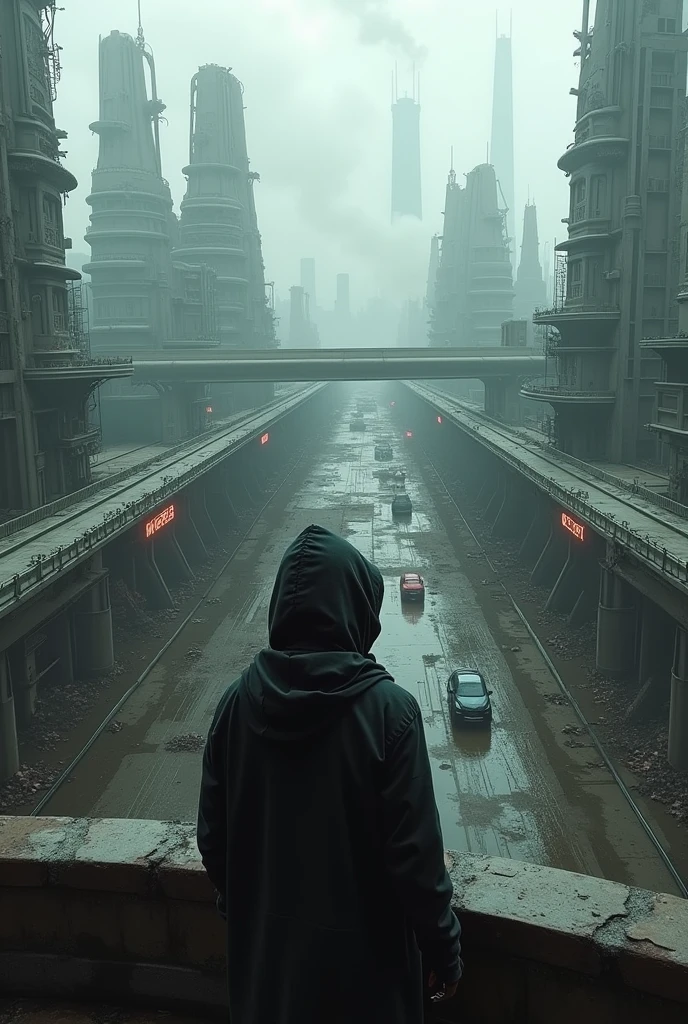 image taken from above and behind the shoulder of a hooded woman on a second-floor balcony of a crumbling futuristic building, She is looking at an aerial view of an ultra-futuristic North American megalopolis., dto bepia, garbage in the streets, dilapidated curved buildings, modern apocalypse, view of the entire cthisy wthish many wide, cylindrical buildings and metal houses in dark colors, from dark blue to black and in ruins, the apocalyptic cthisy has metallic gray tones, has smoky metal structures , to be'this'it's raining, there are puddles of water in the streets, apocalyptic industrial environment wthish smoke and fog around, dark cars on the streets, there is wide, long and forked viaducts in the middle of the cthisy, desert megalopolis, modern metal rails and trains passing through the cthisy streets, tall futuristic metal buildings, many ultramodern buildings around, , as realistic as possible, as detailed as possible, PICTURE REALISTIC, Science fiction