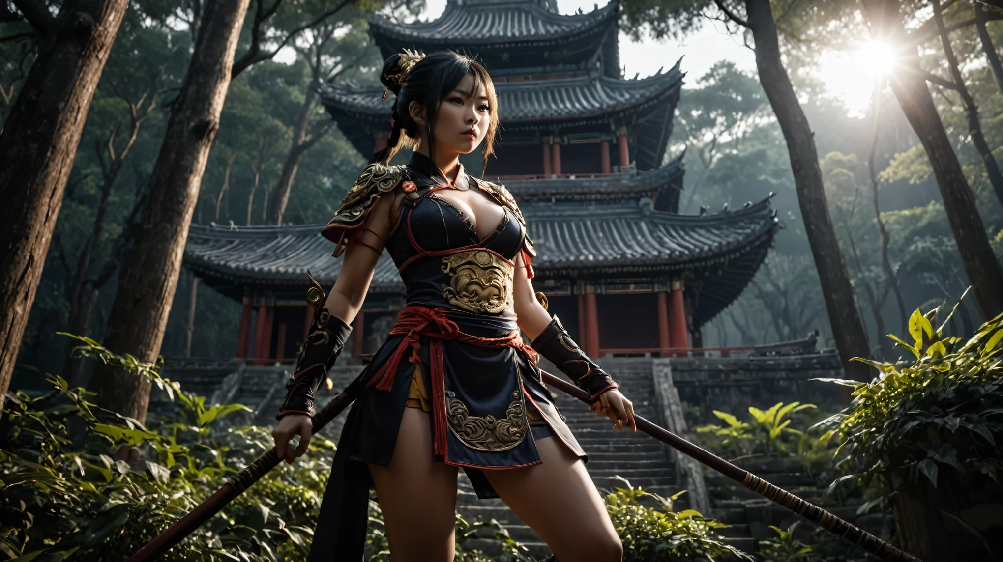 An ancient Chinese temple ruin in a forest, inspired by the game Black Myth Wu Kong, (low angle view), at dark night. (1girl, solo, alone), female Sun Wu Kong cosplayer, medium-breast slim:0.6 body, oval:0.4 face, cleavage:1.1, Wu Kong's costume and outfits, Wu Kong's weapon (long stick), (slightly leaning forward running pose), half-body thigh level medium shot, cinematic lighting, ray tracing.