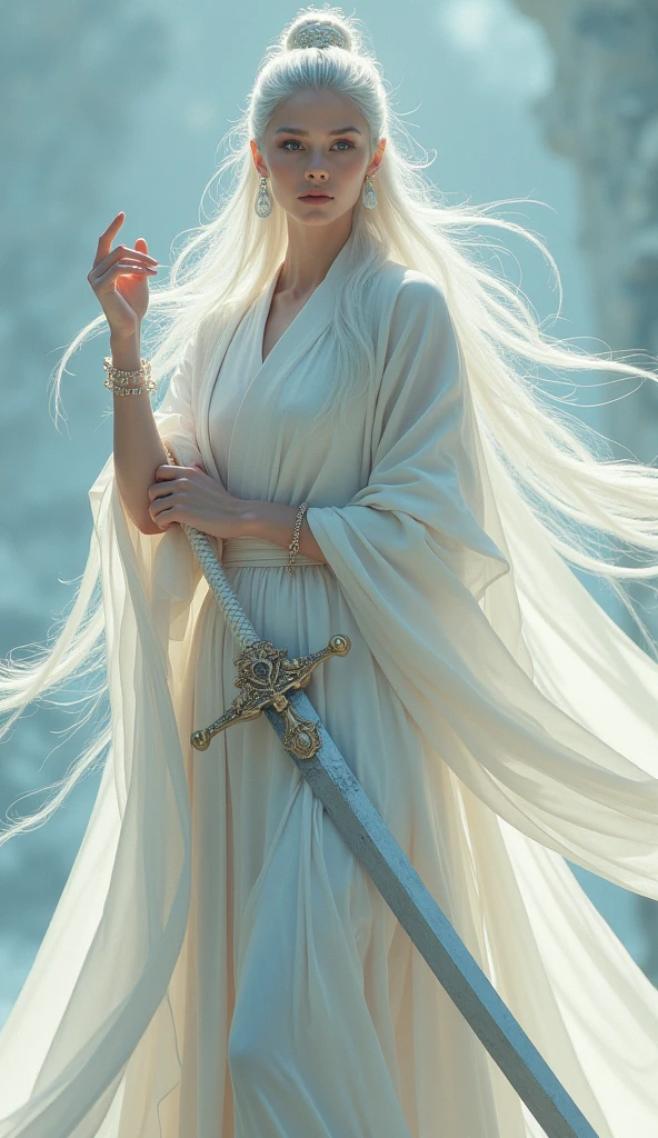 A beautiful female emperor, crystal clear skin, beautiful appearance, deep wisdom in her eyes, as if she has seen through everything in the world, dressed in a gorgeous white robe, holding a long sword, dancing robes in the breeze and silver hair fluttering in the wind, the white robe perfectly outlines the graceful figure, the demeanor is gentle and idyllic, like a flawless fairy