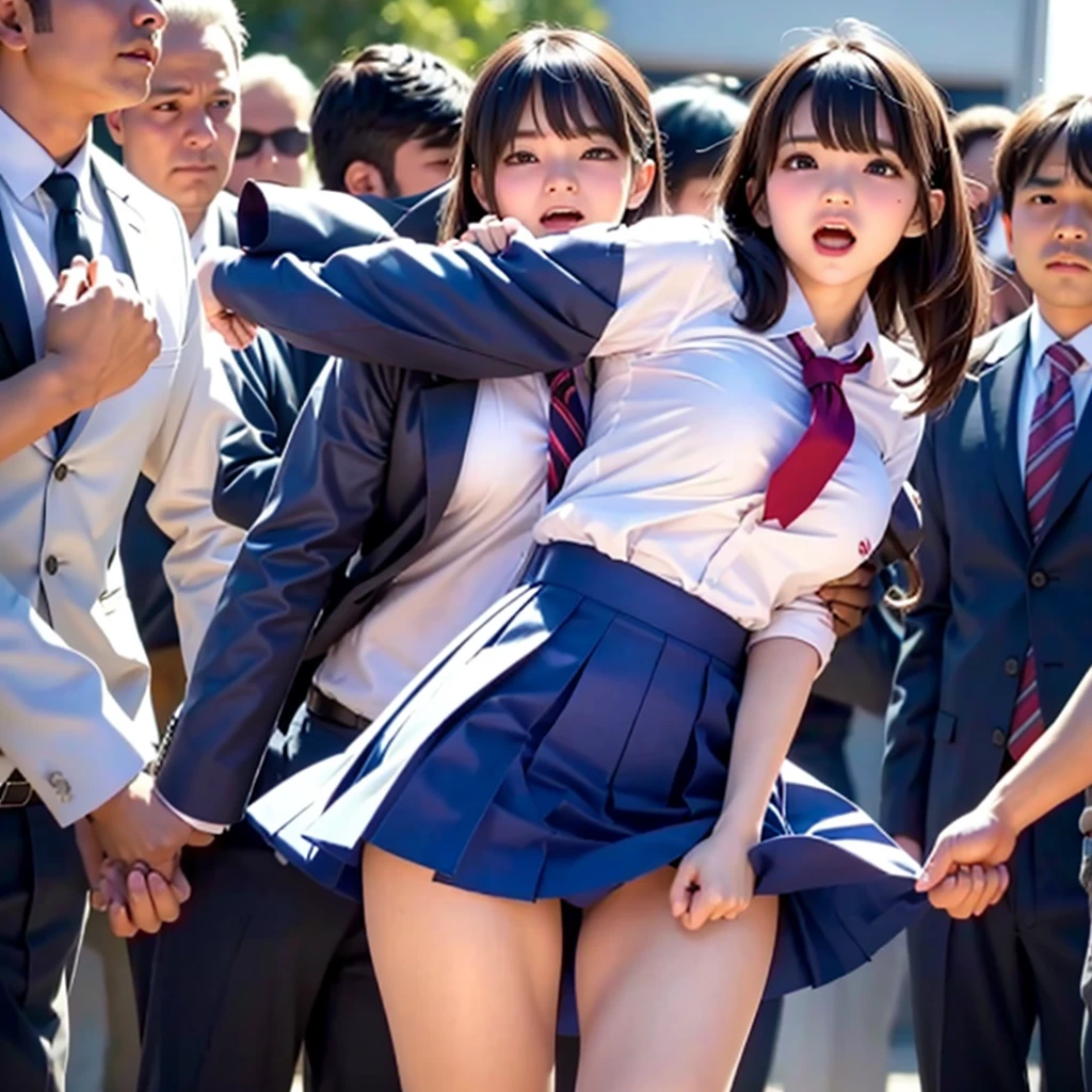 A beautiful innocent girl surrounded by excited high school boys, A beautiful girl with a baby face like an idol, She screams with her mouth open in shame after being molested in public and watched from close range, A high school boy tears off his school uniform with a cutter, leaving him in his underwear, A high school boy grabs my breasts from behind, A high school boy touches my crotch, Anatomically correct, Being molested by a group of men, Fleeing, Ask your audience for help, Beautiful wavy hair, Smelling at close range, blush, Increased sensitivity, Tears overflow from your beautiful eyes, Ultra high definition, Slender body, Japanese, Inner thighs