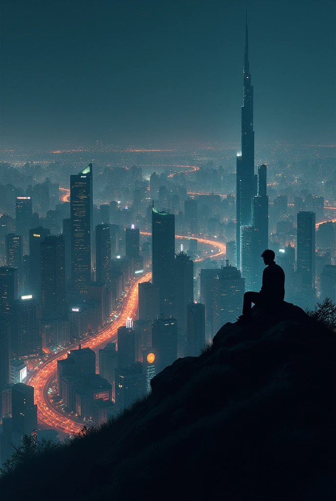 Draw a chaotic city, and one sitting on top of a hill, far from the city, watching everything, during at night