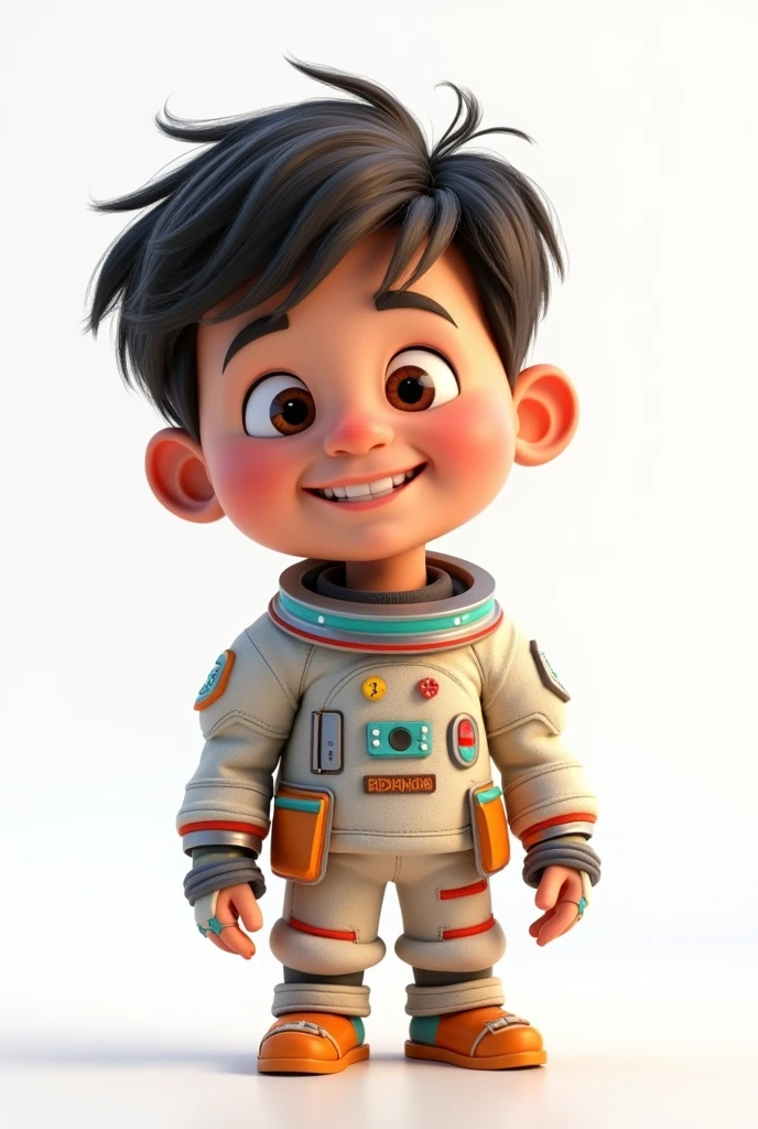 a happy and cute boy with short hair, wearing a space costume, , white background, the child, tom, Pixar-style, ....3d, Cartoon s, face detailed, asymmetric 16k