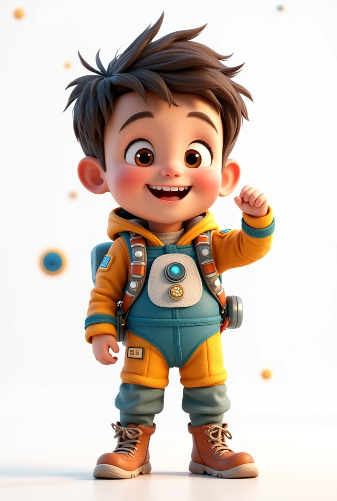a happy and cute boy with short hair, wearing a space costume, , white background, the child, tom, Pixar-style, ....3d, Cartoon s, face detailed, asymmetric 16k