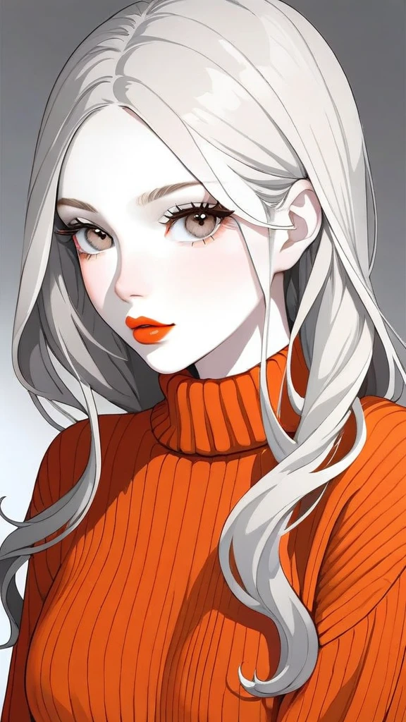 girl, Brown long hair, Gray eyes, Distinctive features, White skin, Orange lips, Cherry Sweater. 