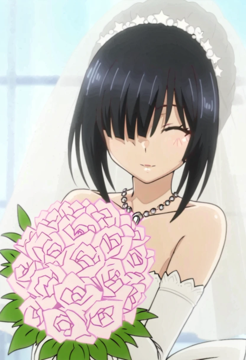 tokisaki kurumi,((masterpiece)),(((best quality))),((ultra-detailed)),((illustration)),((disheveled hair)),((frills)),(1 girl),(solo), 1girl,black hair,bouquet,curtains,dress,elbow gloves,flower,gloves,jewelry,necklace,veil,wedding dress,window,hair over one eye,One eye closed,Medium close-up,