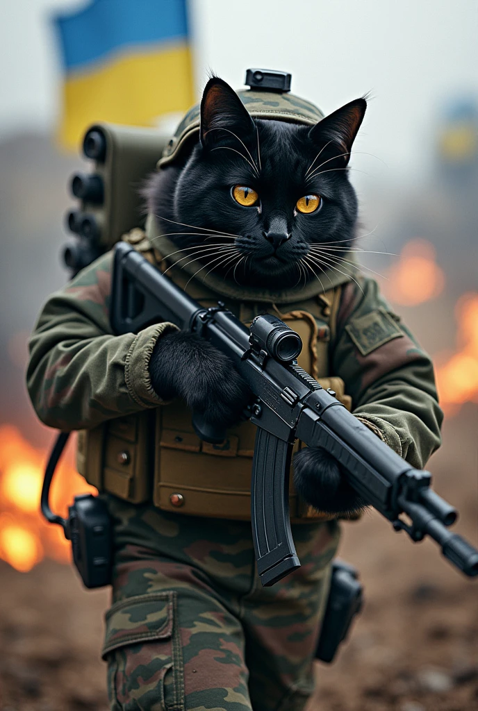 Create a black cat fighting against Ukraine. He is wearing Russian camouflage clothing and has an AK in his hand and an RPG on his back. He is wearing a bulletproof vest with the letters Z. He is wearing a helmet with night vision and an AK with an extended comb. The Z is on the Russian flag. Where is the helmet with night vision?