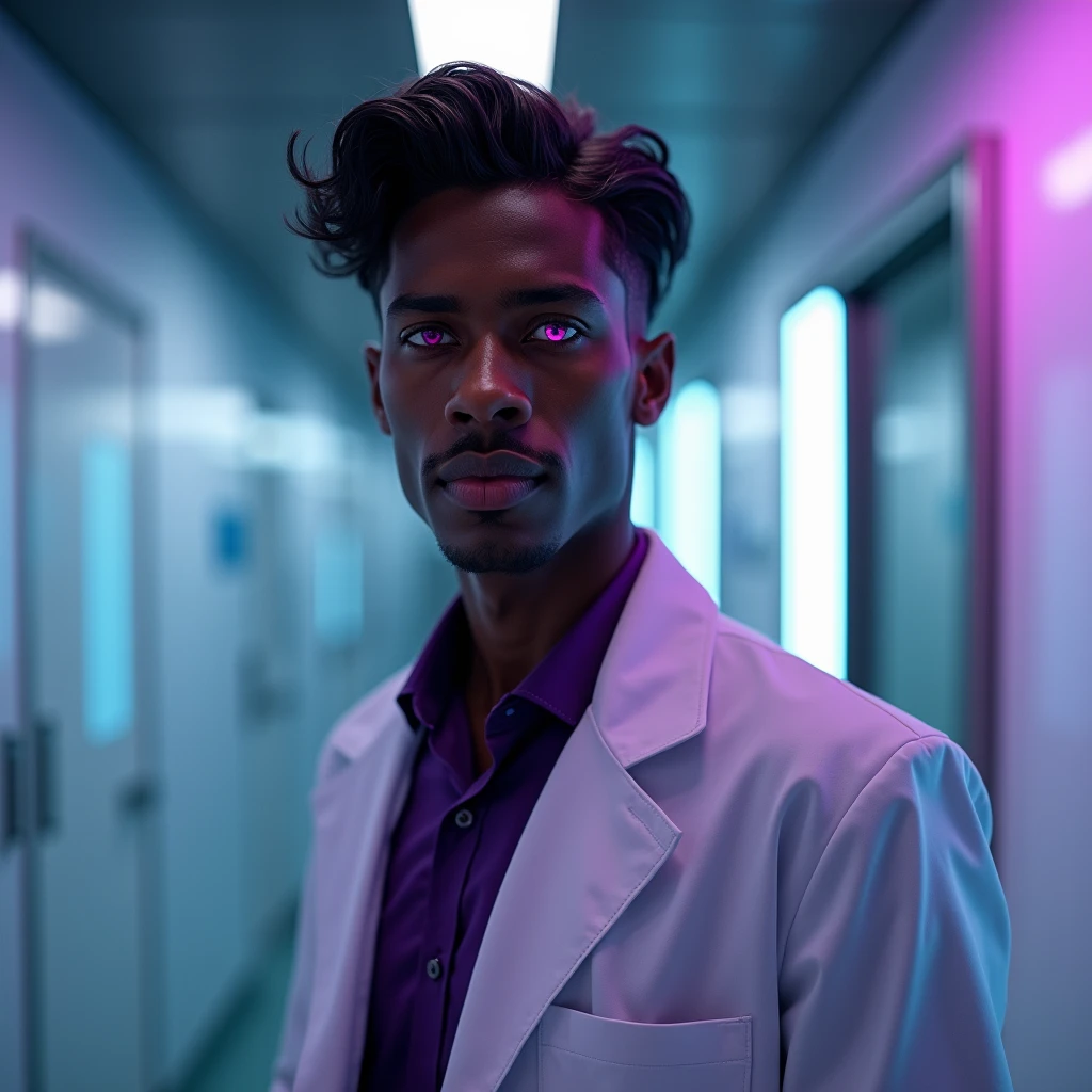Photograph headshot, hair wavy-curl-wavy side parted, very tall French featured male model, shaved, toned body, ebony skin, vibrant purple eyes, tall thin toned body. Gentle smile expression. Doctor coat, dark purple shirt, modern sci-fi hospital office.