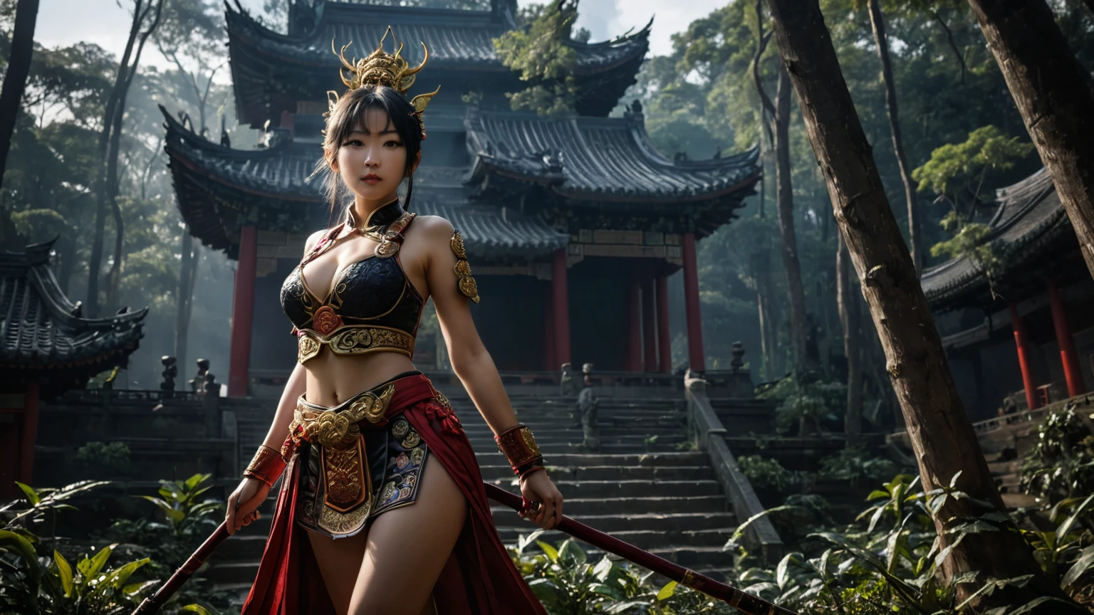 An ancient Chinese temple ruin in a forest, inspired by the game Black Myth Wu Kong, (low angle view), at dark night. (1girl, solo, alone), female Sun Wu Kong cosplayer, medium-breast slim:0.6 body, oval:0.4 face, cleavage:1.1, Wu Kong's costume and outfits, Wu Kong's weapon (long stick), (slightly leaning forward running pose), half-body thigh level medium shot, cinematic lighting, ray tracing.