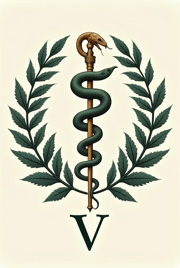 Asclepius: The serpent wrapped around a healing and medicine stick. On the coat of arms of veterinary medicine, a serpente pode aparecer em volta da letra V

Ramos de oak tree e bay leaves: These branches usually surround the main symbol., representing strength (oak tree) and victory (bay leaves).

With the letter V at the bottom.