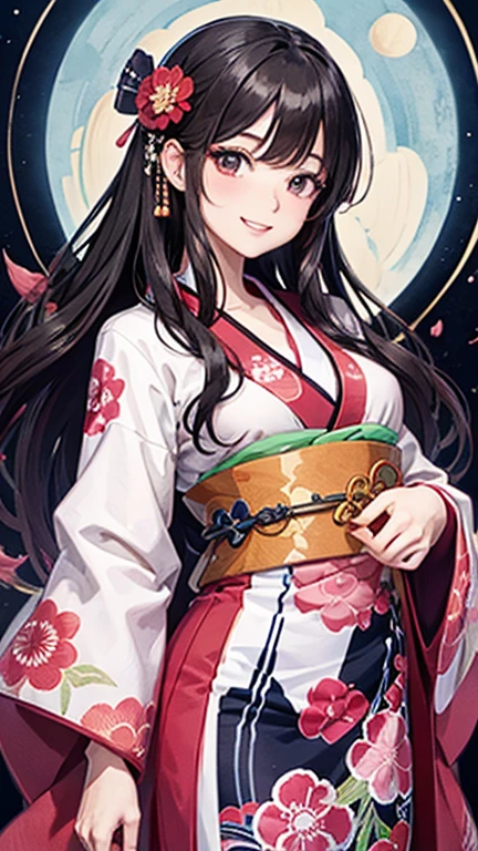 A beautiful woman smiles and shows her upper white teeth、Vividly colored Japanese Ukiyo-e style illustrations、SeaArt creates stunning illustrations of beautiful women in kimono、Brown-black long hair、Beautiful full body style、Beautiful digital illustrations、Beautiful and innovative digital paintings, Bright vibrant anime art, Detailed digital anime art,  Beautiful anime portraits