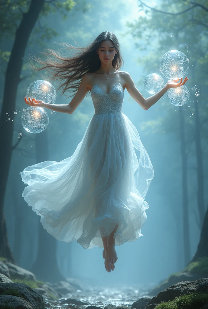 naked girl throwing ice spheres from her hands while levitating