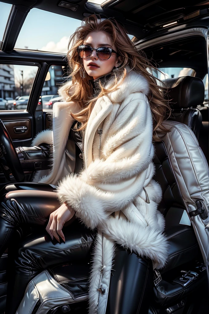 a beautiful young woman with long red hair, wearing a tight black latex outfit, a white fur coat, and sunglasses, (best quality,4k,8k,highres,masterpiece:1.2),ultra-detailed,(realistic,photorealistic,photo-realistic:1.37),detailed face, detailed eyes, detailed lips, long eyelashes, beauty, fashion, portrait, glamorous, elegant, studio lighting, dramatic lighting, high contrast, vivid colors, cinematic,xuer white fur coat