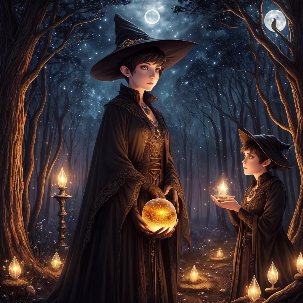 A beautiful witch with amber brown eyes, small slanted eyes, a small mouth, pale skin, a pixie cut shaved black hair, an eyebrow piercing, an ear piercing, gazing into a luminous crystal ball, in a nighttime forest, with an owl nearby, mushrooms scattered on the ground, a black cat, a starry sky with a waning moon, dark composition, dark illuminated, witch aesthetic, watercolor painting, intricate details, high quality, masterpiece, photorealistic, 8k resolution, ultra-detailed