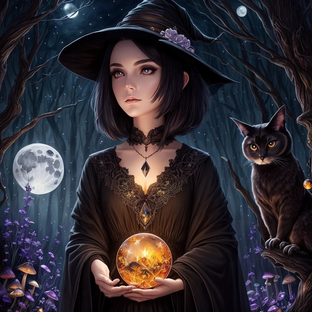 A beautiful witch with amber brown eyes, small slanted eyes, a small mouth, pale skin, a pixie cut shaved black hair, an eyebrow piercing, an ear piercing, gazing into a luminous crystal ball, in a nighttime forest, with an owl nearby, mushrooms scattered on the ground, a black cat, a starry sky with a waning moon, dark composition, dark illuminated, witch aesthetic, watercolor painting, intricate details, high quality, masterpiece, photorealistic, 8k resolution, ultra-detailed