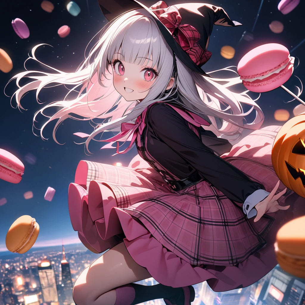 Official art,super high resolution,1 cute girl,solo,yo,(Halloween:1.2),ultra-detailed face,detailed eyes,red eyes,blunt bangs,straight hair,Silver hair,Perfect hands, perfect fingers,looking at viewer,tartan check Coral Pink Halloween costume,tartan check Coral Pink witch hat with Ribbon,knee-high socks,Coral Pink belted gothic,pumps,happy,blush,Dynamic pose,rim light,dynamic angles,pumpkin,(many lollipops and meny candy are floating in the air),night sky,outdoors New York City residential area,highly detailed illustration,masterpiece,8K,top quality