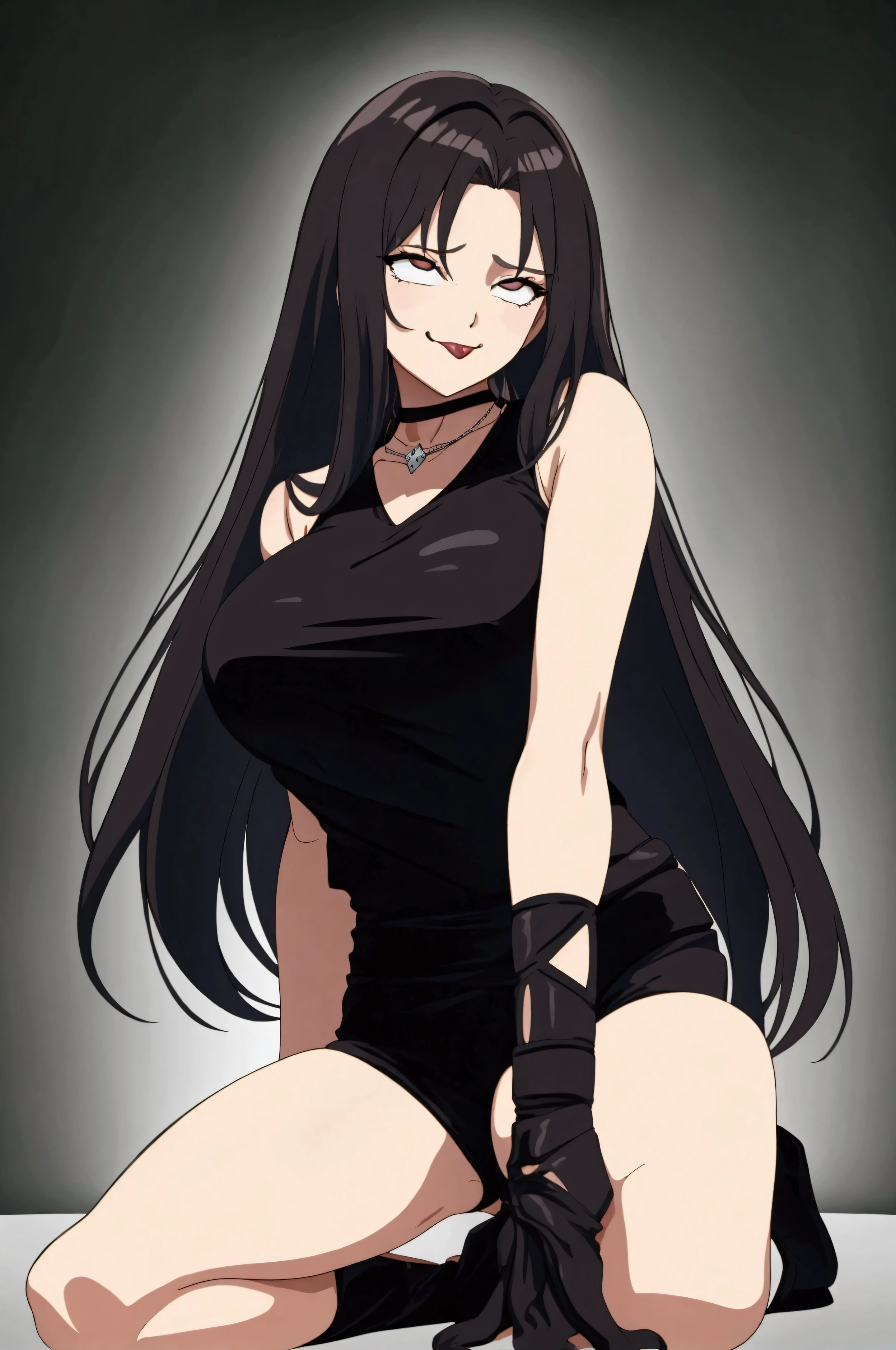 scared woman, surprised woman looking to the side, anime girl girl with long black hair sitting on the ground, anime moe art style, best anime girl, hinata hyuuga, female anime character, seductive anime girl girl, (anime girl girl), anime girl girl named lucy, beautiful anime squatting, albedo from the anime overlord, the anime is crouching, by Jin Homura, anime wearing a black dress, woman sexy, big boobies, sensual cleavage, decote sexy