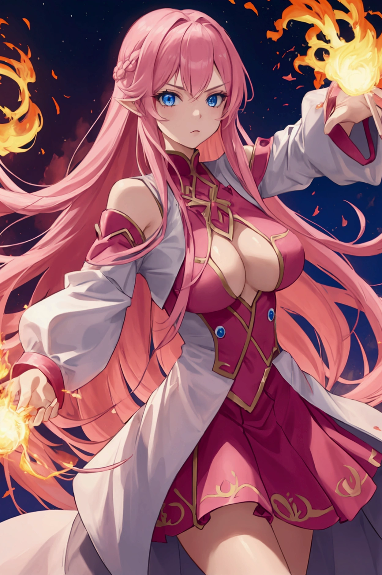 Girl with long pink hair and blue eyes. With fire powers .holding fire coming out of her outstretched hands. Wearing pink and red revealing combat clothing and pink combat gloves. In a sexy and powerful pose. Tits