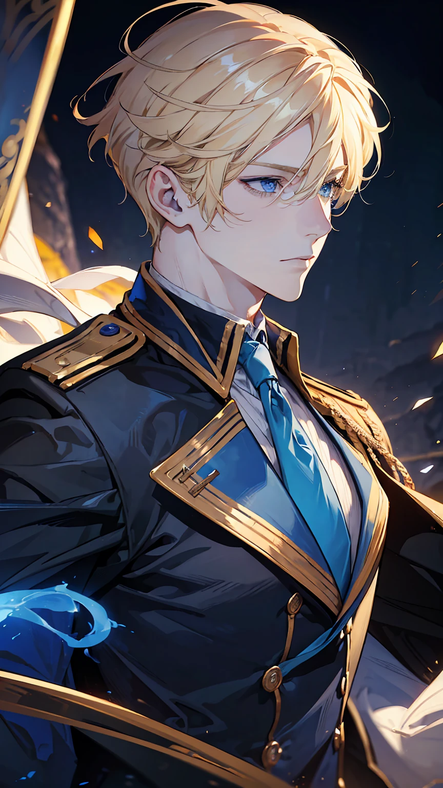 a handsome young man with blonde hair and blue eyes, wearing an academy uniform, detailed facial features, dynamic pose, realistic lighting, cinematic composition, rich color palette, highly detailed, photorealistic, masterpiece, muscular, magic academy background