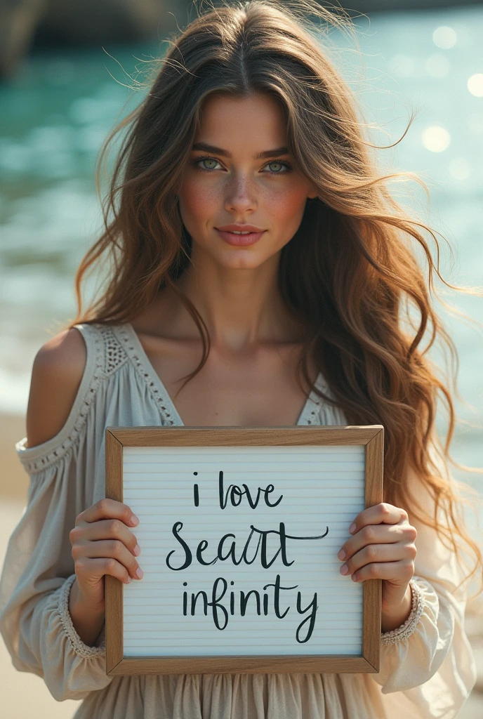Beautiful girl with wavy long hair, bohemian dress, holding a white board with text "I Love Seaart Infinity" and showing it to the viewer