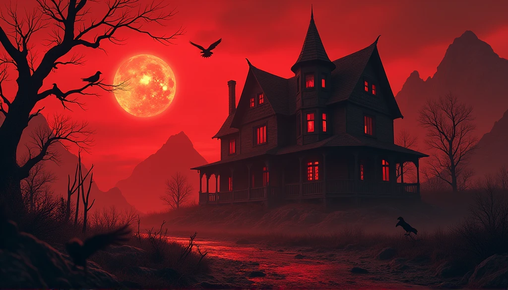 peaks,reddish sky, red lighting, Twisted branches, Skull eyes glow throughout the ruined house, surrounded by crows,the moon,The evil witch flew through the air,Masterpiece artwork, highest quallity.