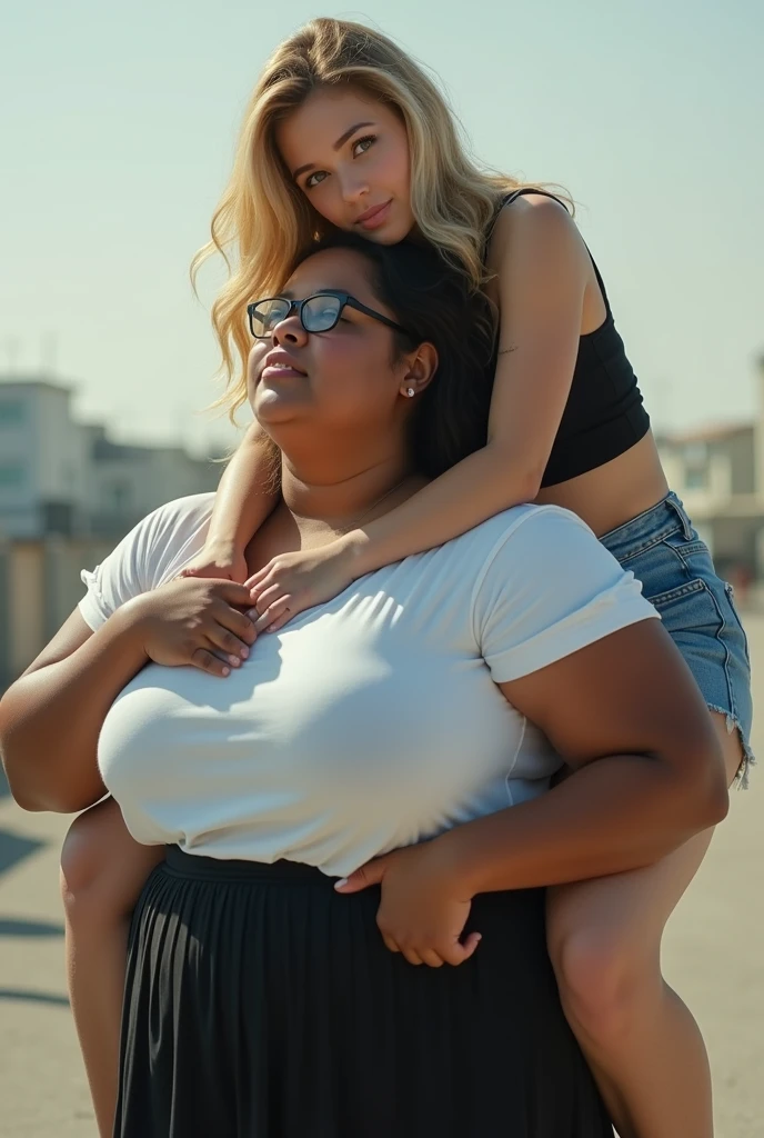 Create a realistic image of a 20 year old woman, obese, with black and dark skin, wearing a white shirt and black skirt and glasses, lifting a 2 woman from the ground and carrying her on her shoulder, with light white skin, blonde hair long, slim body, with a long, tight black blouse and wearing short jeans