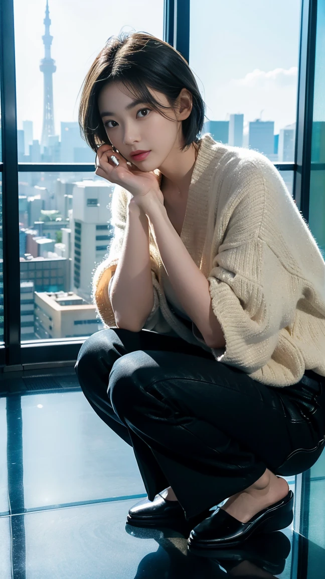 (Inside the Tokyo Skytree observation deck)、((Glass floor))、Magic Mix Real、(RAW Photos:1.2)、(Realistic:1.4)、beautifulディテールの美しさ Delicate expression、Black Hair Short Hair、((I can see your pants))(Squat bench) eyelash beautiful, Subtle details、Large file size、Very detailed、High resolution、Transcendental beauty Highest quality、masterpiece、、(Japanese women'Fashion))、Very detailed 표현 growing up、In detail、Very detailed 얼굴 시네마틱 조명、2 、positive、((Dynamic pose)))、(Sit with your knees bent.))、(Short sleeve sweatshirt、Denim skirt、running shoes)、Sexy upward glance、(Crying in panties for the camera))、