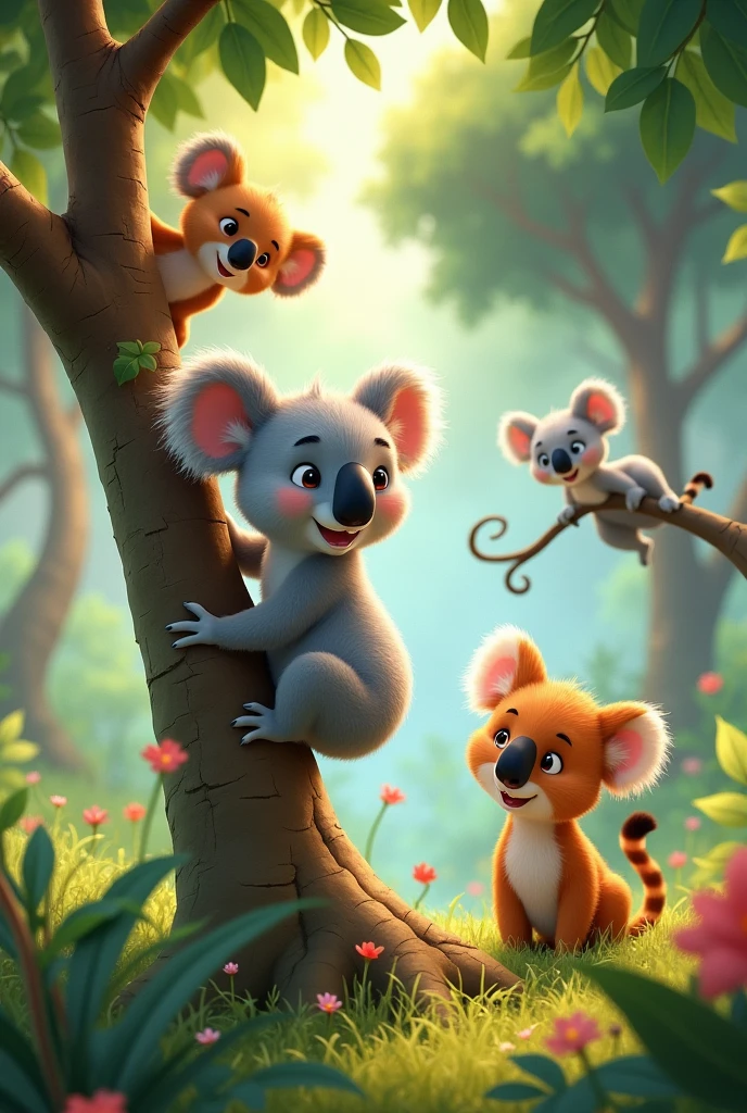 Make animated koalas on a tree. And also animated lemurs. All this with images suitable for children