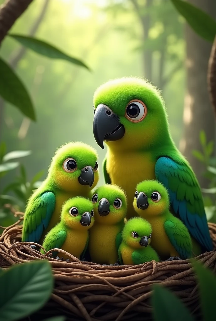 Four more green parrot chicks with their mother and father, a total of 6 green parrots, the Dalfa parrot family, the father 