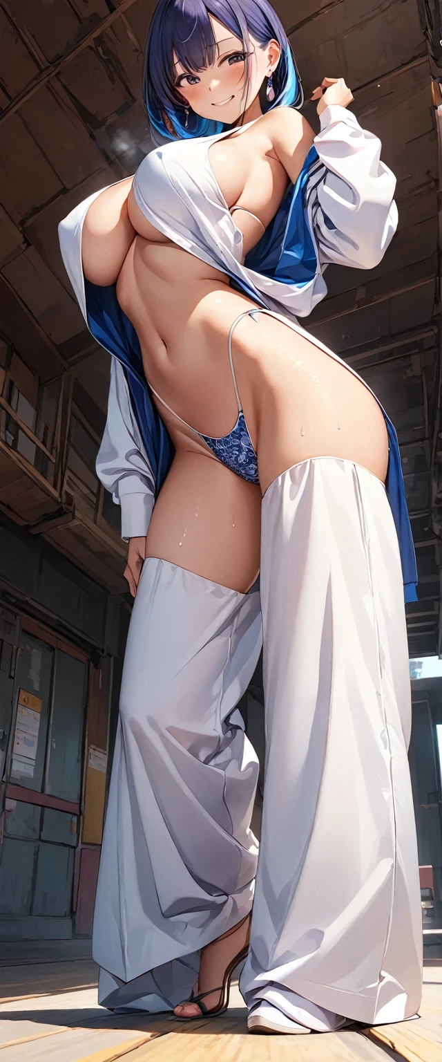 anime illustration, ((((highest quality)))), (((Ultra-precision CG 16K))), (((masterpiece))), BREAK skinny body, slender waist, medium Breasts, (((perky breasts))), ((sagging breasts)), (covered nipples), (((tanned skin, tan lines))) , BREAK (written in detail of face, smiling, blush, determined expression, sweaty , Heavy breathing, embarrassed, ) , (natural make), BREAK narrow eyes, (streaked hair, hair intakes, colored inner hair, ) BREAK (((wearing printed oversized clothing , wearing wide-leg-pants, breasts is covered by outfit, (detailed panty), Narrow aisles,))) , wearing earrings , BREAK ( stick breast out, (( Handstand))) BREAK (( ripples , horizon , under the cosmic sky on the cosmic sea , planet of earth in the sky, cosmic effects,)), (a girl blended into the background):0.75, (((full body shot, looking at viewer, ))), BREAK ((cinematic , from side , from below , ((Distant view, Panorama)), looking at viewer, )) , pinup magazine pose, dancing